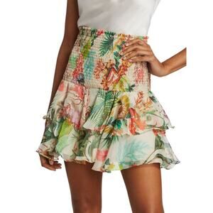 PATBO Women's Oasis Shirred Ruffle Mini Skirt Size L In Off White